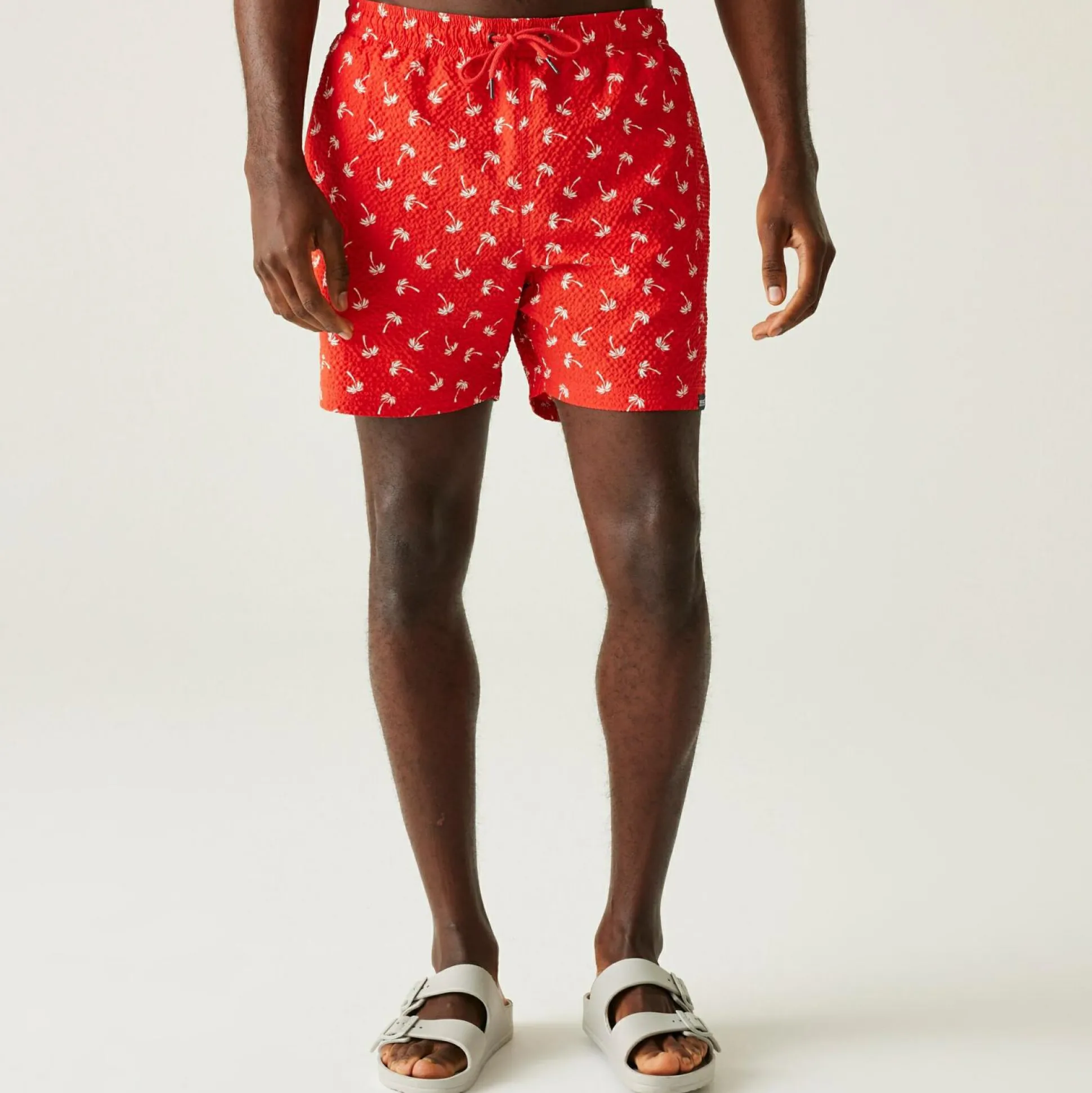 Men's Loras Swim Shorts | Poppy Red Palm Seersucker Co-Ord