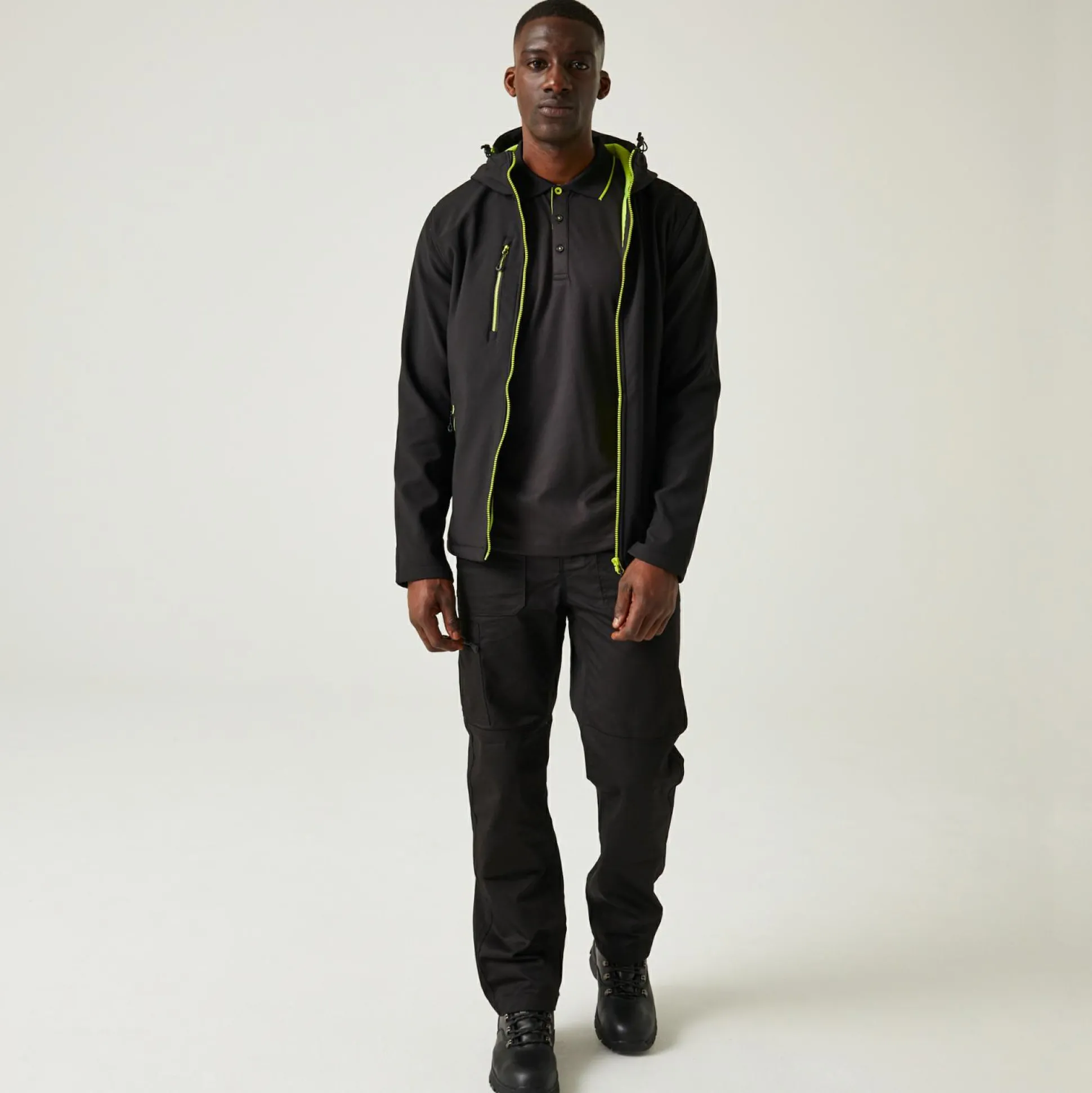 Men's Navigate 2 Layer Hooded Softshell Jacket | Black Lime Green
