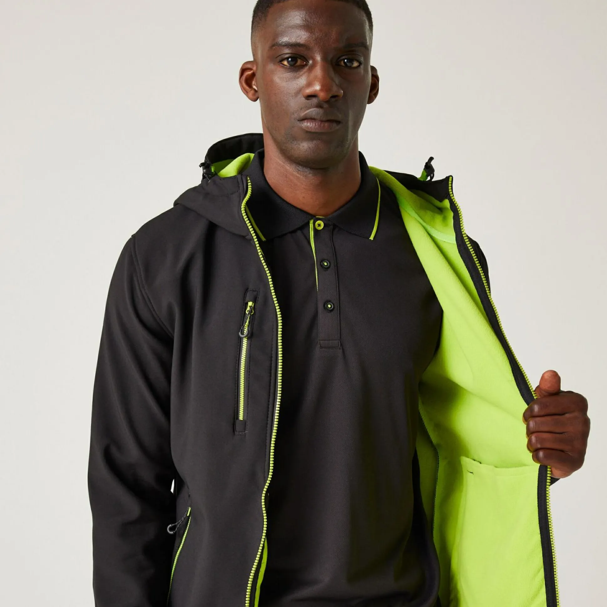 Men's Navigate 2 Layer Hooded Softshell Jacket | Black Lime Green