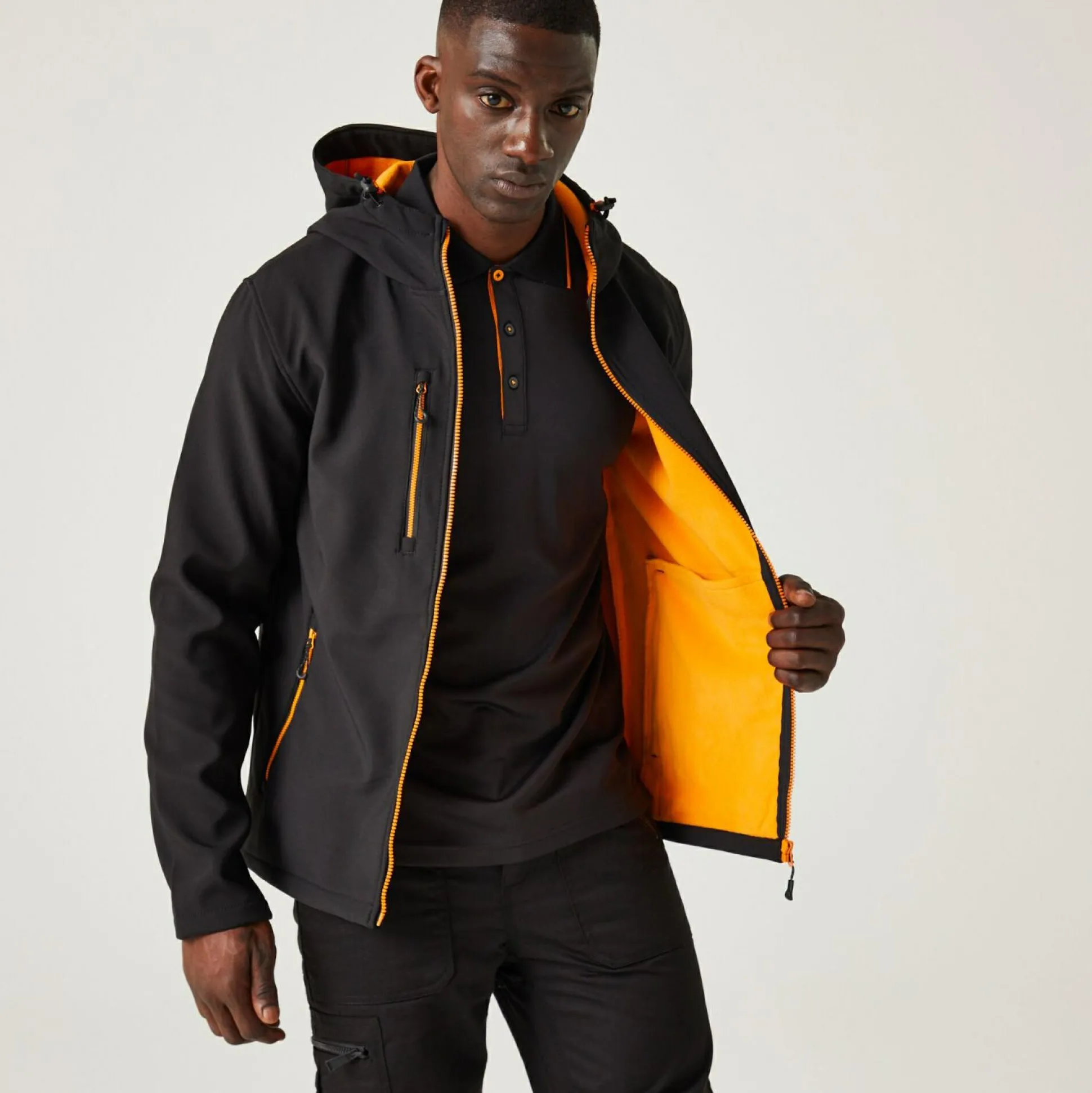 Men's Navigate 2 Layer Hooded Softshell Jacket | Black Orange Pop