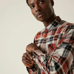 Men's Thamos Long Sleeved Checked Shirt | Burnt Henna Check Storm Grey