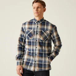 Men's Thamos Long Sleeved Checked Shirt | Navy Gold Sand Check
