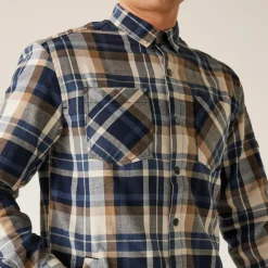 Men's Thamos Long Sleeved Checked Shirt | Navy Gold Sand Check
