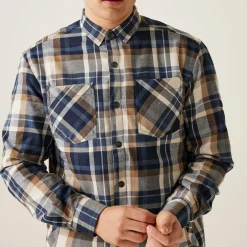 Men's Thamos Long Sleeved Checked Shirt | Navy Gold Sand Check